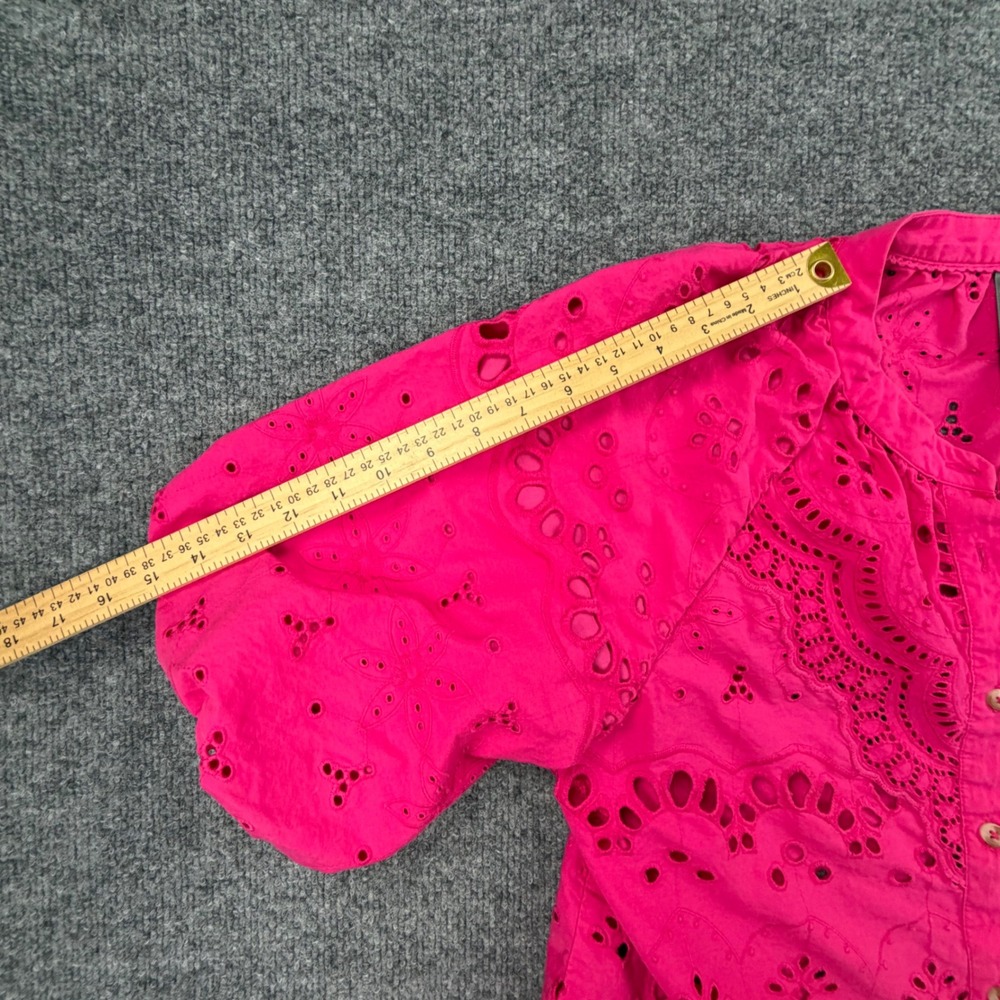 Anthropologie Hot Pink Eyelet Mini Dress Short Puff Sleeve Cotton Tiered Size L - Picture 5 of 13